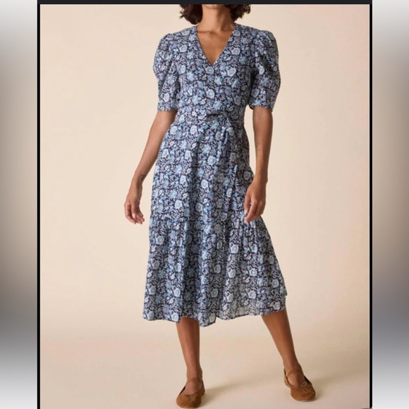 NWT St Roche Pearl Dress in Navy Wrap Around Midi Puff Sleeve Floral Size 4 - Picture 2 of 16